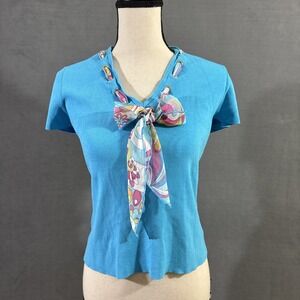 Coastal Cowgirl Tee Shirt Ribbon Neck Tie Blue Womens S Very Stretchy Preppy